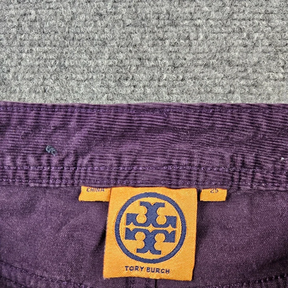 Tory Burch Super Skinny Corduroy Pants Purple Plum Gold Logo Size 25